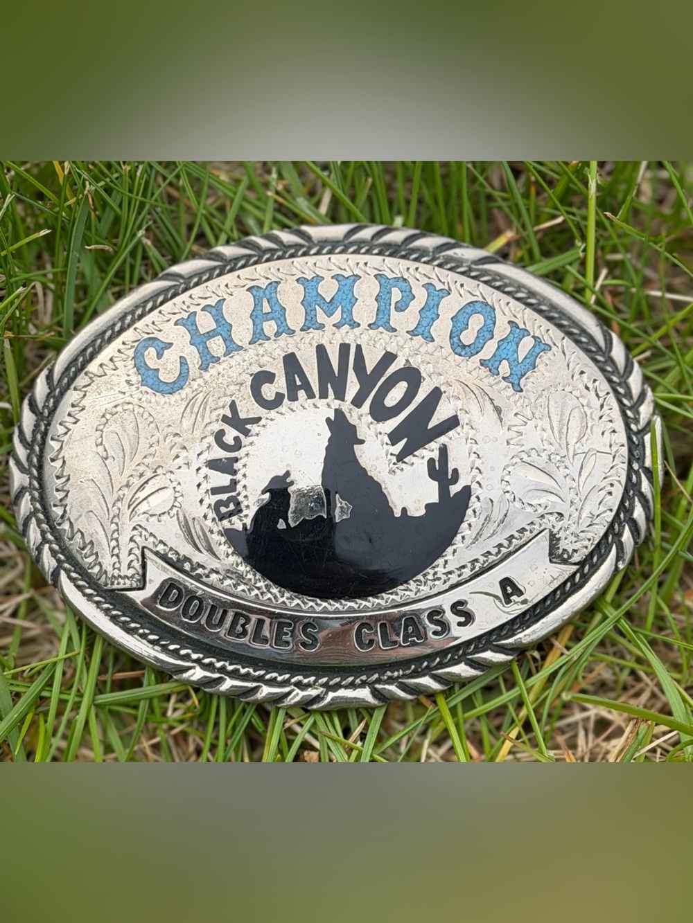 Vintage Champion Black Canyon Doubles Class A Belt Buckle - SS & turquoise